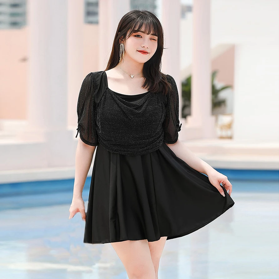 Black Color Swimwear Women Large Size Modest Swimsuit With Skirt One Piece Swimming Suit Beachwear Hot Spring Clothing