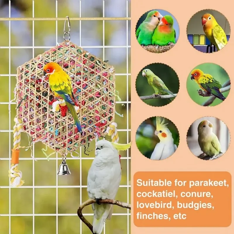 Hexagonal Bird Foraging Shredding Bird Toys for Parrot Conure Accessories Budgie Parakeet Brushed Paper Bamboo Weaving Cage Toy