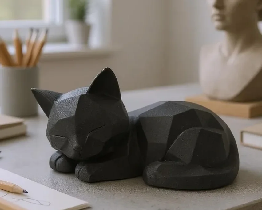3D Printed Geometric Polygon Sleepy Cat Statue, Minimalist Faceted Kitty Ornament for Desktop Display