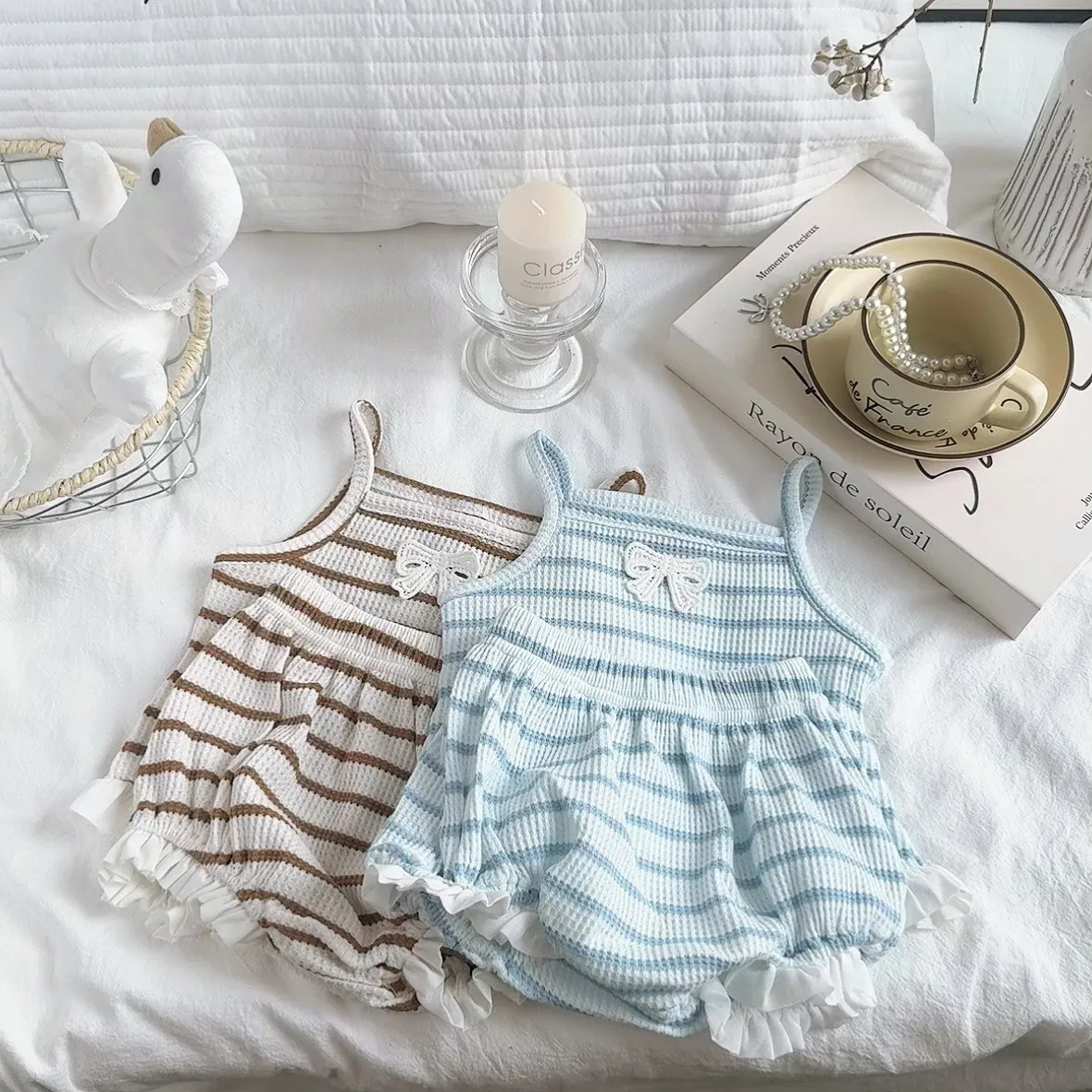TZ2602 Korean Version Summer New Girls' Comfortable and Breathable Waffle Classic Striped Fashion Trend Cute Bow Tie Set
