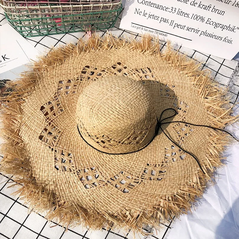 Large Brimmed Lafite Straw Hat Women's Foldable Hat Summer Seaside Hollowed Out Beach Hat Colorful And Fashionable Hat-image