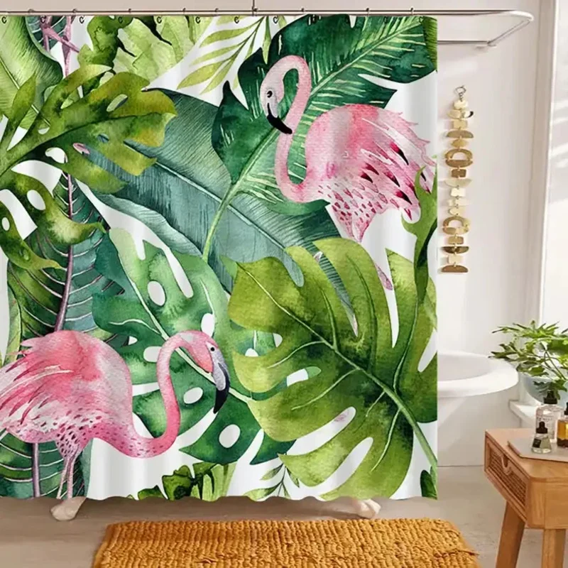 Tropical Plant Shower Curtain Pink Flamingos With Palm Leaves Creative Bathroom Decoration