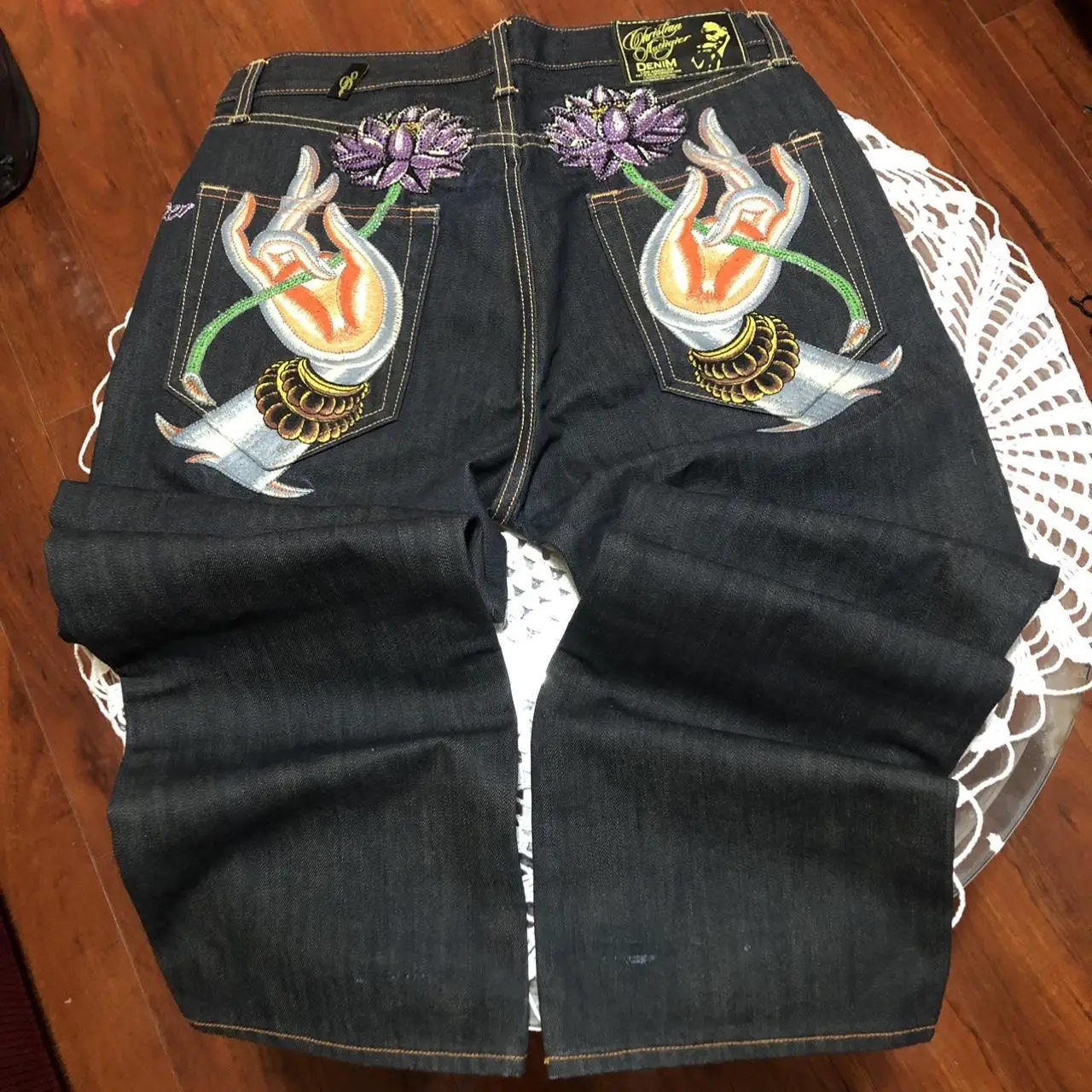 Buddha Embroidery Jeans Woman Grunge Wide Leg High Waisted Pants Y2k Artistic Design High Waist Trend Women Jeans