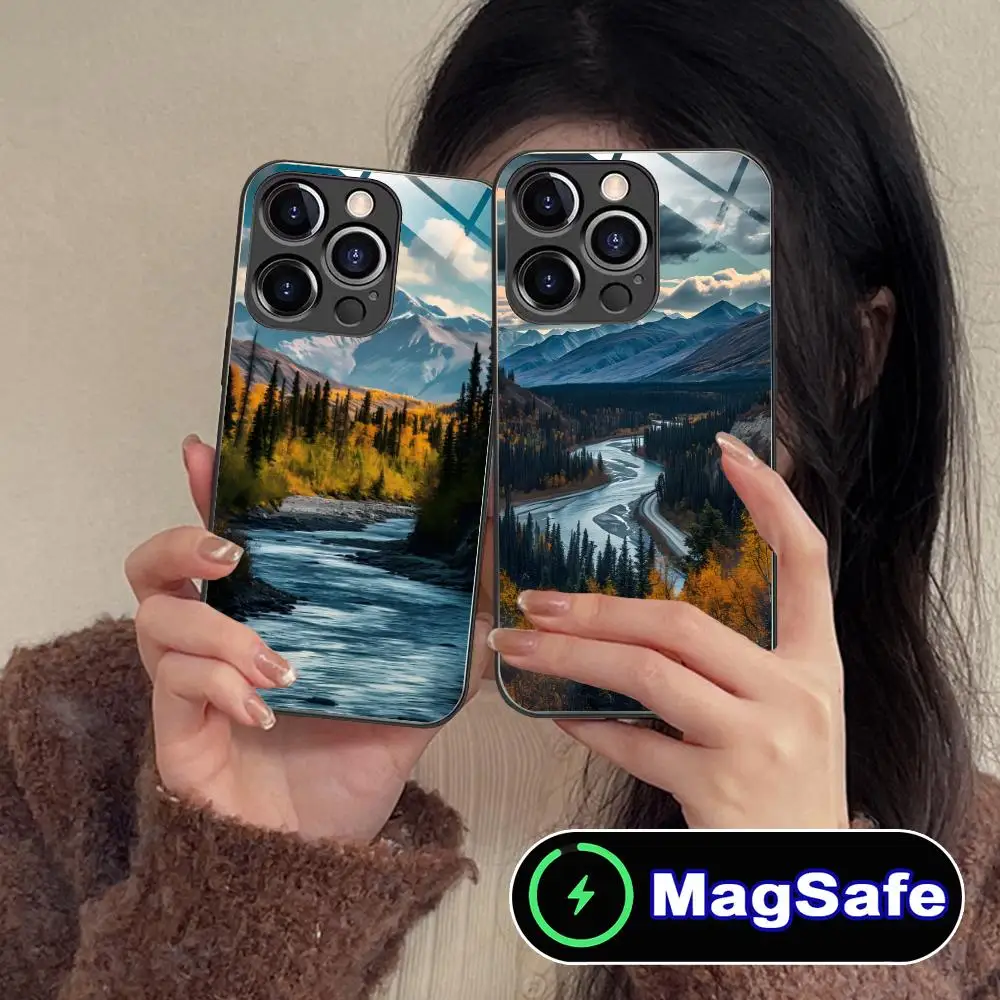 

Mountain Forest Mobile Phone Case for iPhone 17 16 15 14 13 12 11 Air Pro Max Plus Mini MagSafe Glass Colorful Cover Luxury