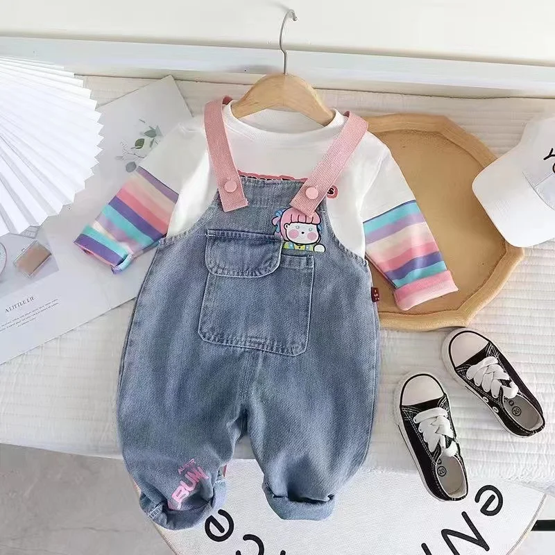 Girls Spring And Autumn Season Denim Shoulder Pants 2024 New Korean Version Children\'s Long Sleeved Shoulder Pants Two-piece Set