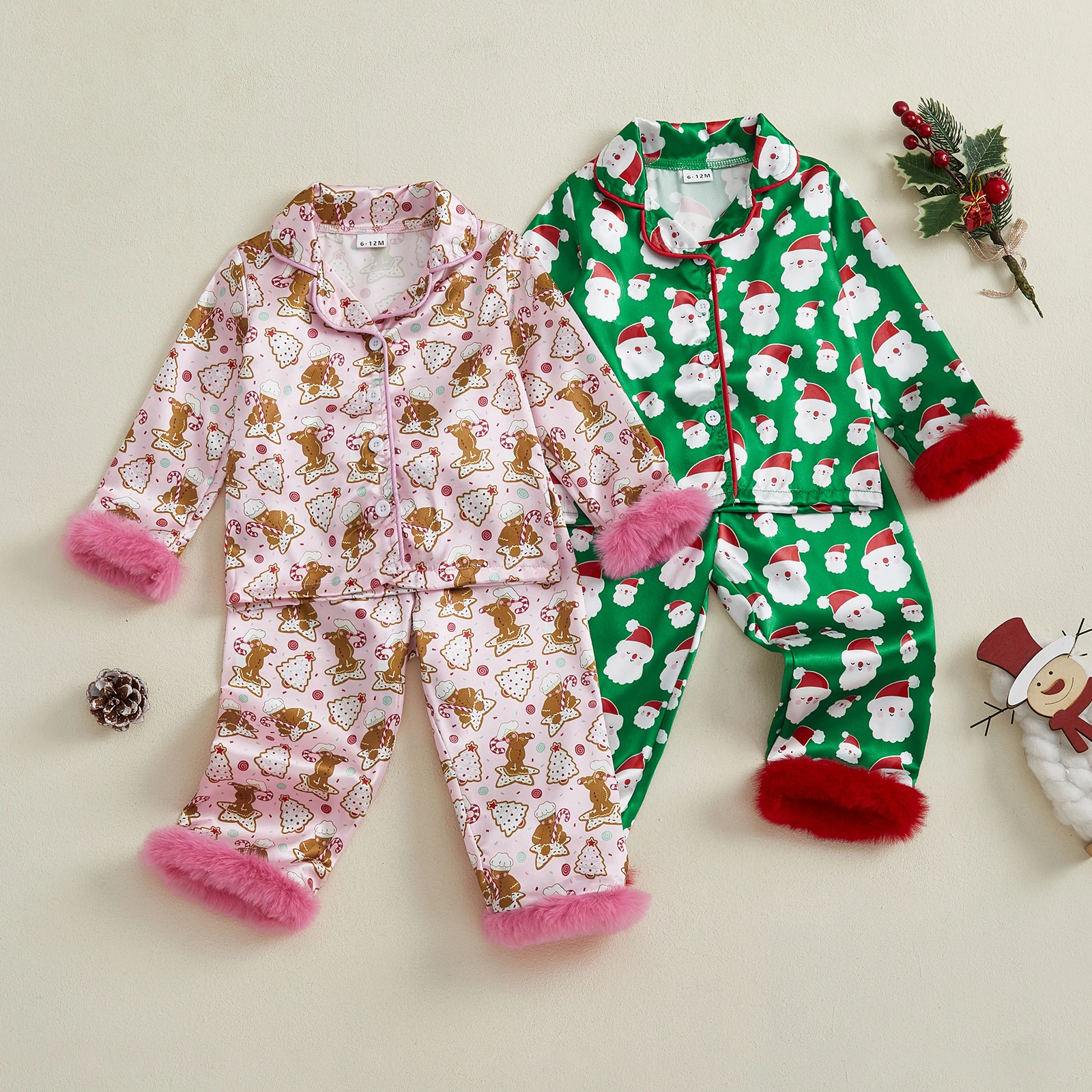0-4Y Toddler Girls Christmas Pajama Sets Santa/Tree Fuzzy Trim Long Sleeve Button-up Tops Elastic Waist Pants Baby Sleepwear