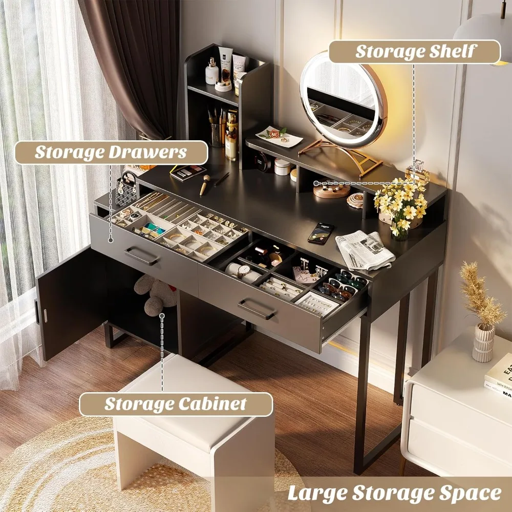 Small dressing table with power socket, dressing table with drawers and cabinets, dressing table with bed storage rack