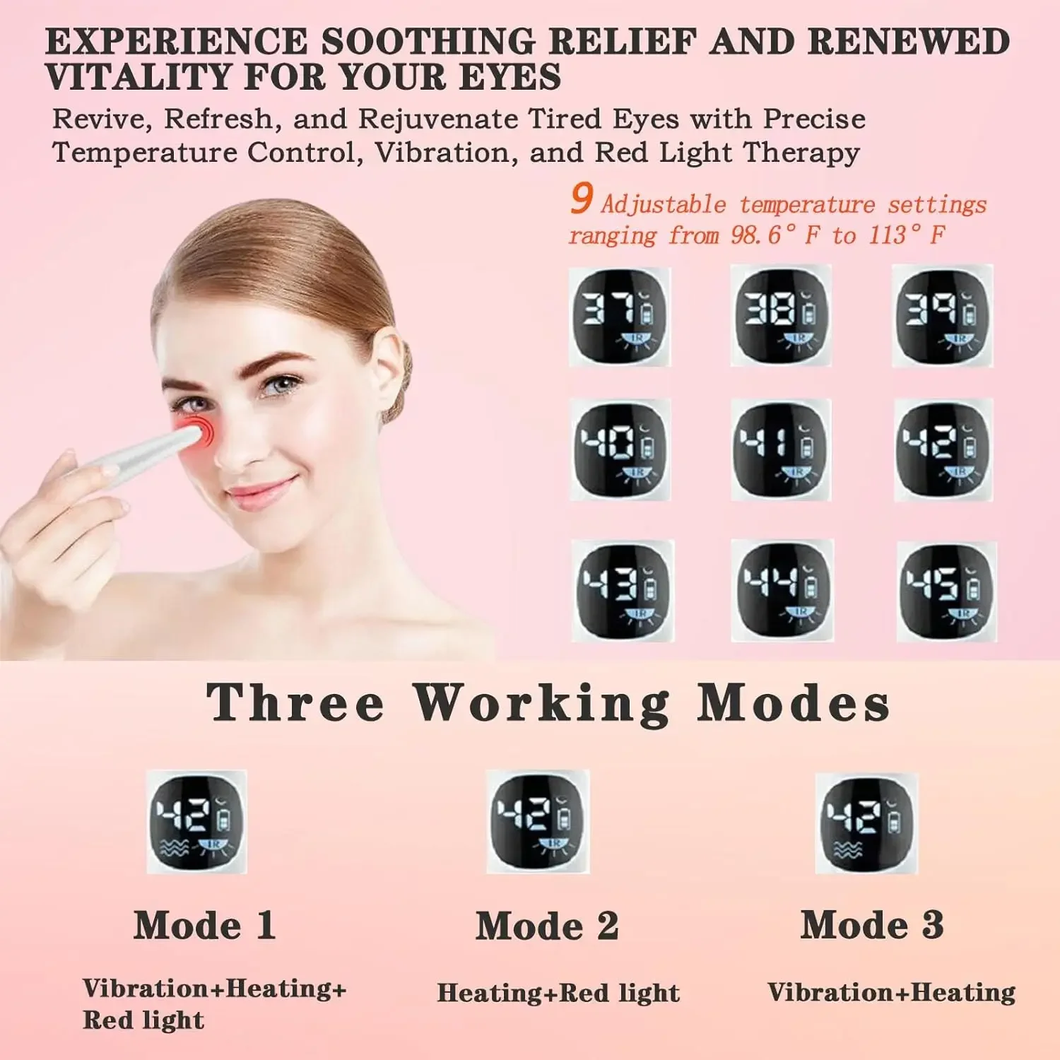 3-in-1 Eye Lift Wand Schoonheidsapparaat Vibrerend rood licht 98 ° F tot 113 ° F LCD-display oogmassageapparaat voor droge ogen, donkere cirkelwallen