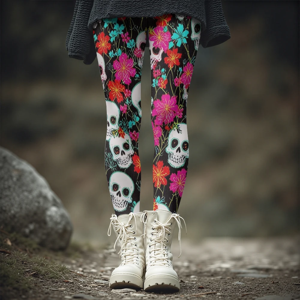 Women's Colorful Floral Skull Print Leggings Winter Thick Warm Gothic Rock Street Style Tight Pants for Halloween Party Outfit