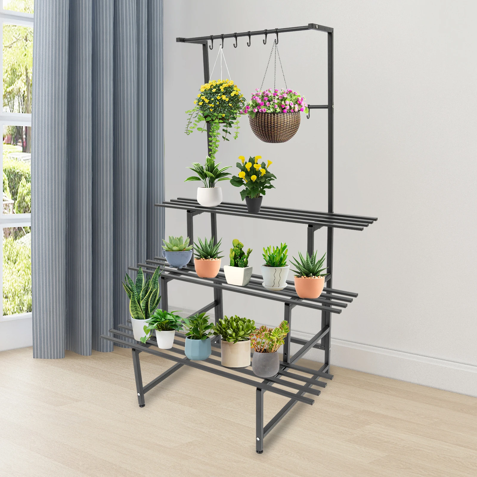 Outdoor 3-Tier Metal Plant Stand - Modern Black Carbon Steel Flowerpot Shelf Organizer with Hanging Rods for Garden and Home