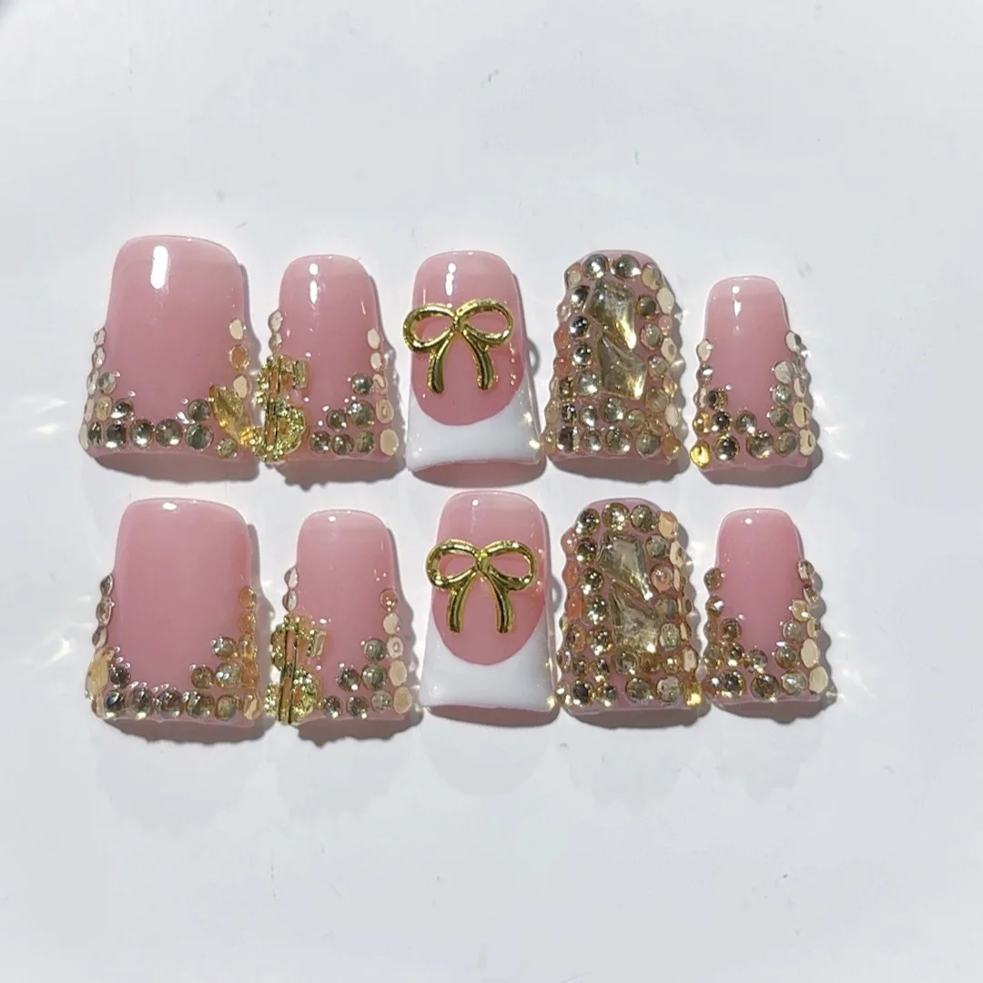 10pcs high-end Sweet and cool style, hand-painted three-dimensional bow, dazzling golden pile diamonds handmade fake nails