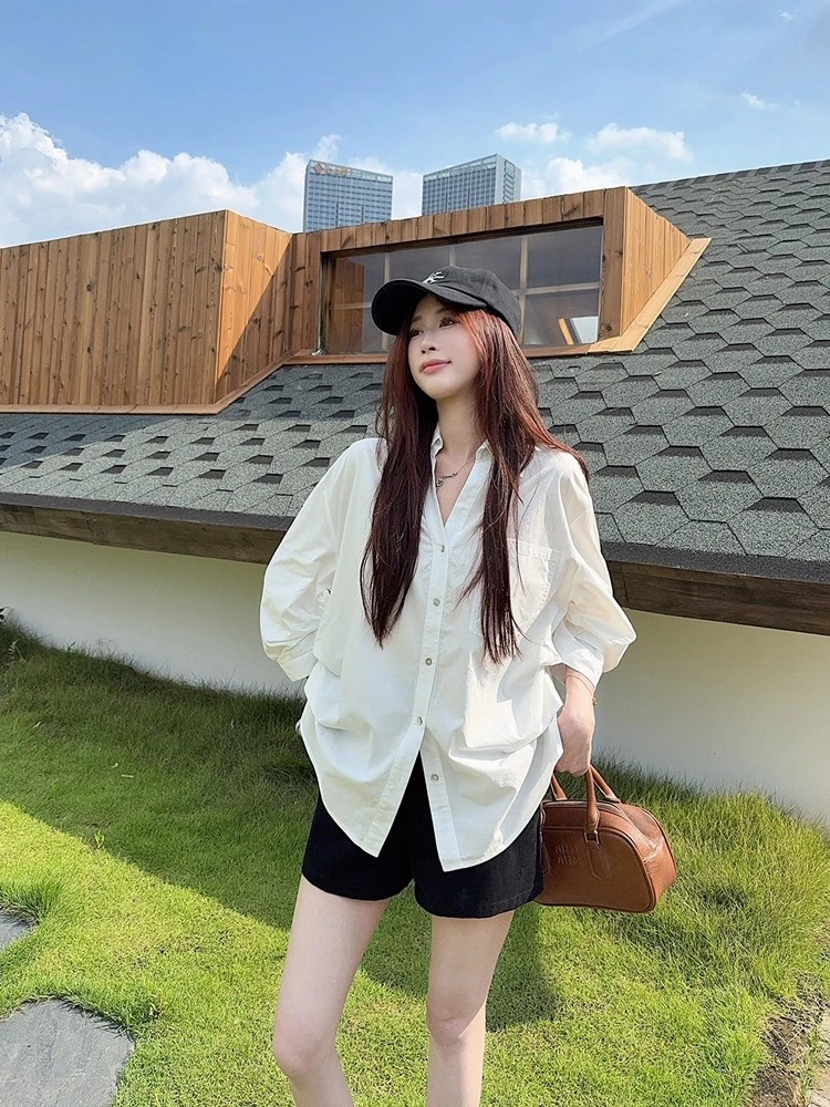 

Korean Style V-Neck Bubble Sleeve White Shirt Women's Early Spring Loose Slimming Waist-Cinching Top Fashionable Breathable