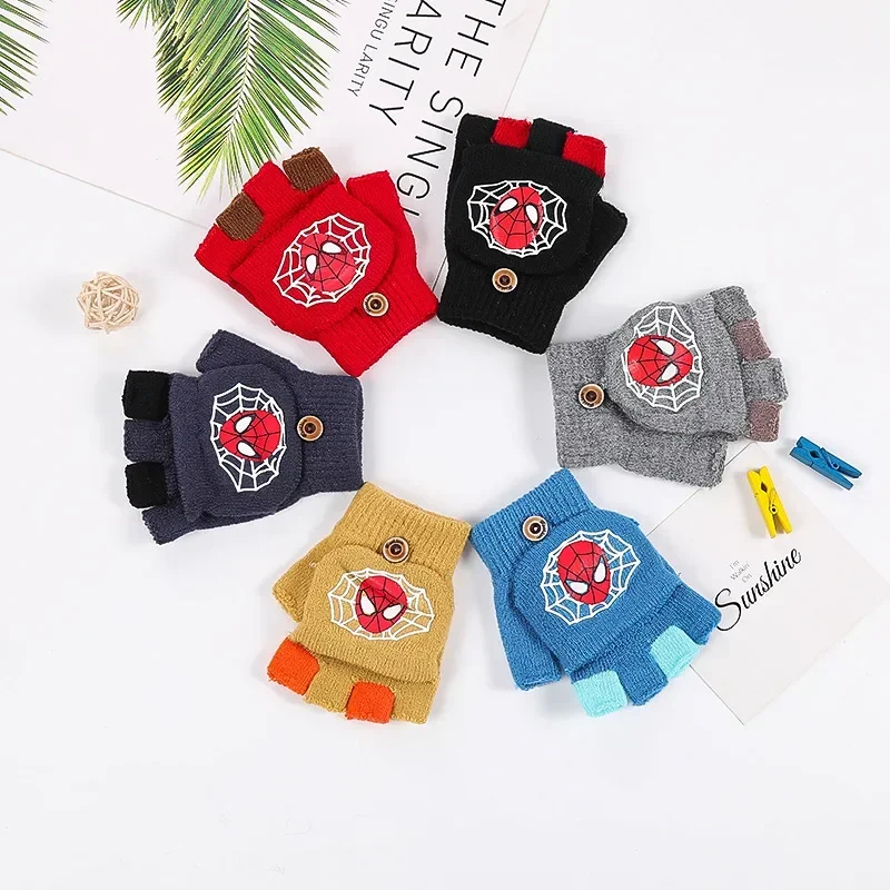 Marvel Spiderman Children's Flap Gloves Boys Girls Half Finger Gloves Wool Knit Warm Cosplay Accessories Kids Toys Birthday Gift