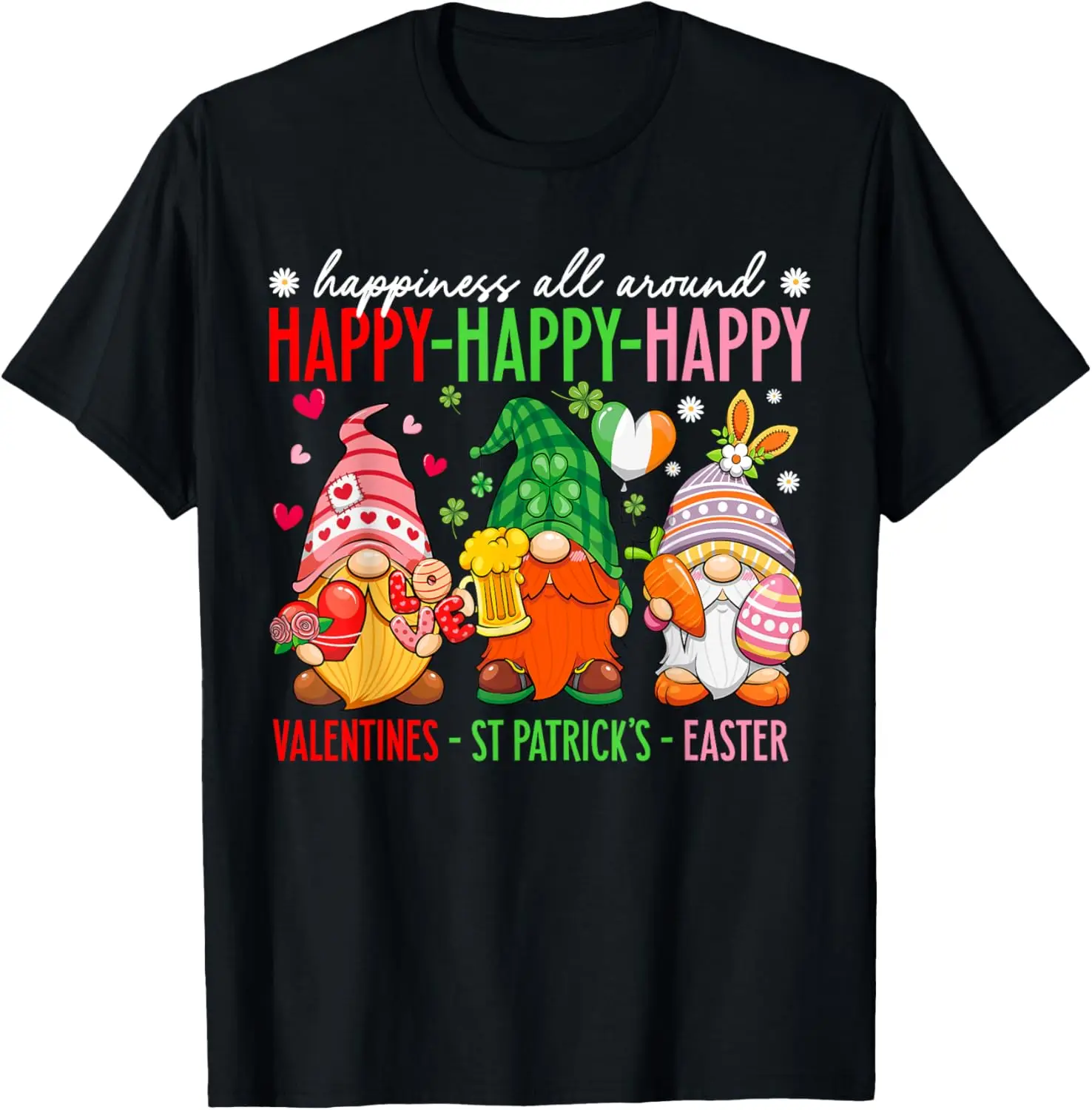 

Gnome Valentines St Patricks Easter Holiday Trio Graphic T-Shirt Casual Cotton Tee for Men
