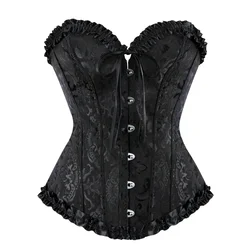 Kadınlar için seksi Bustiers ve korseler çiçek dantel üstler Vintage korse gotik Overbust saten jakarlı Corselet