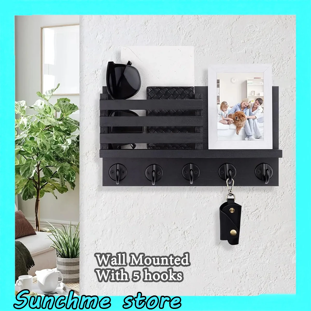 Wall Mount Key Holder Mail Organizer Wooden Entryway Shelf with 5 Hooks for Keys Envelope Hallway Storage Rack Rustic Coat Rack