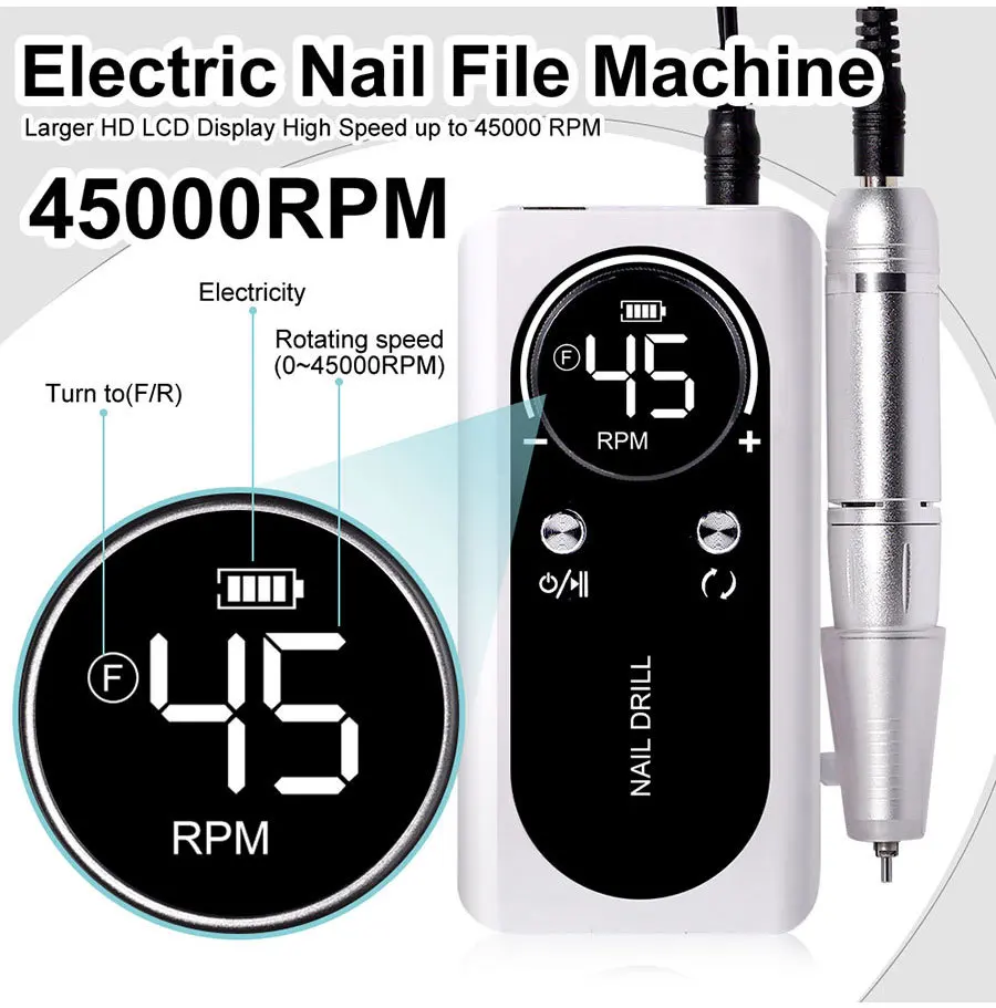 Máquina recarregável prego broca com LCD, baixo ruído, Lixadeira polonês profissional, Unhas Conjunto de Acessórios, 45000RPM, original, 2024