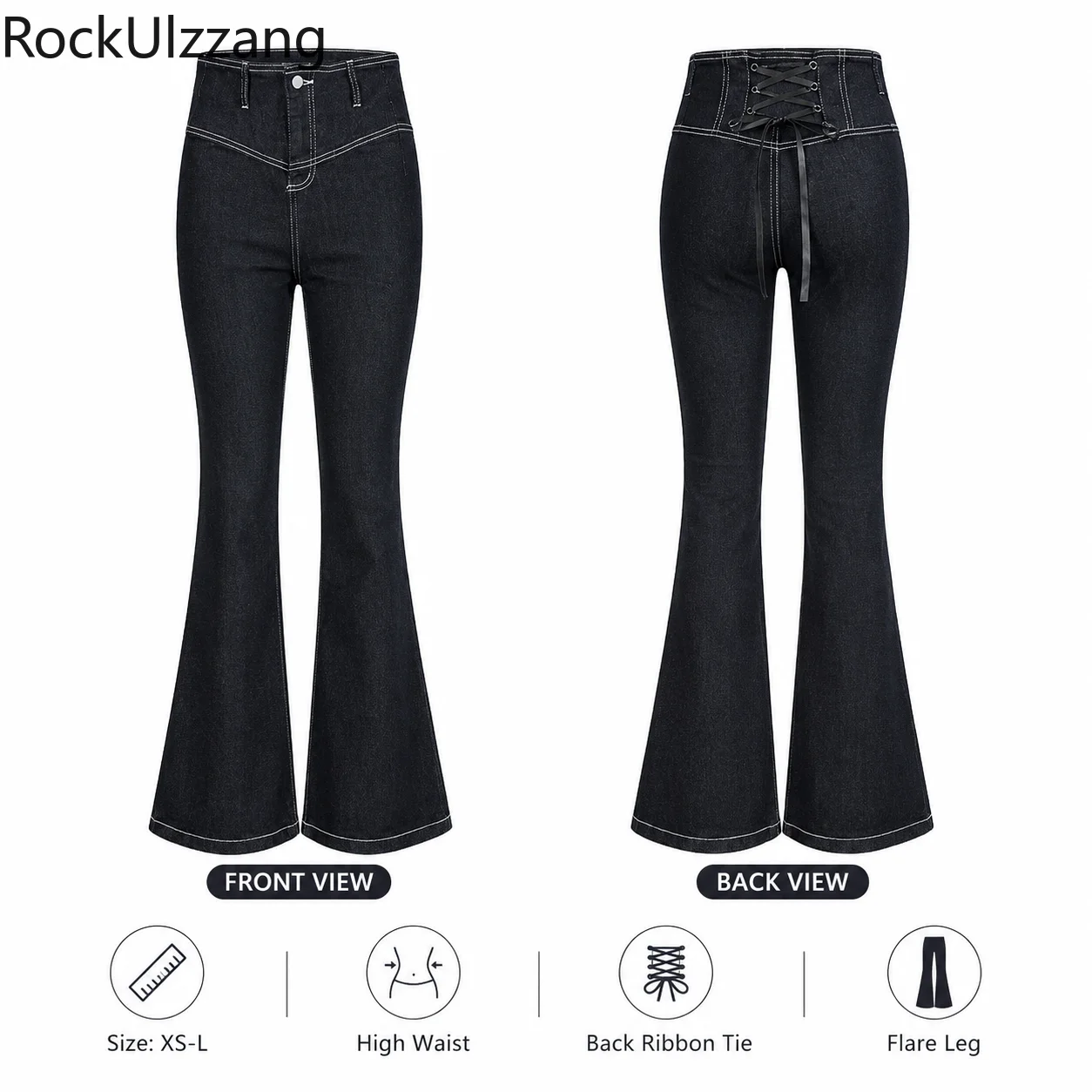 Women's High Waist Flare Jeans Lace Up Back Slim Fit Stretch Denim Pants Y2K Vintage Black Bell Bottom Blue aesthetic korean NEW