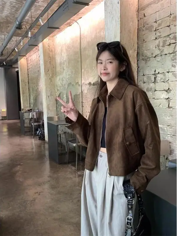 Cool ort Wildleder Jaet Damen Herbst Winter American Sle Retro Lazy Chic Leder Jaet Mantel für Damen Reißverschluss