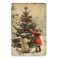 Christmas Tin Sign - Youngsters Decorating Tree in Snow,   Metal Wall Art for Home, Cafe, or Garage, Festive Holiday Decor with