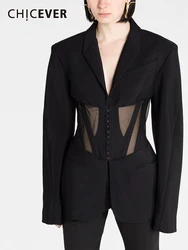 CHICEVER, Blazers de malla transparente empalmados para mujer, cuello con muescas, túnica de manga larga, bolsillos de almazuela, chaqueta ajustada lisa de primavera para mujer