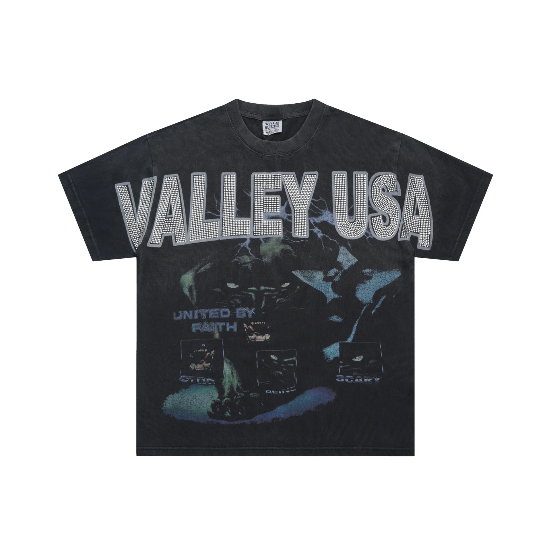 VALE FOREVER Retro Washed VALLEY DREAMS Unisex Loose Casual Top Rhinestone Cross Boxing Vintage Style