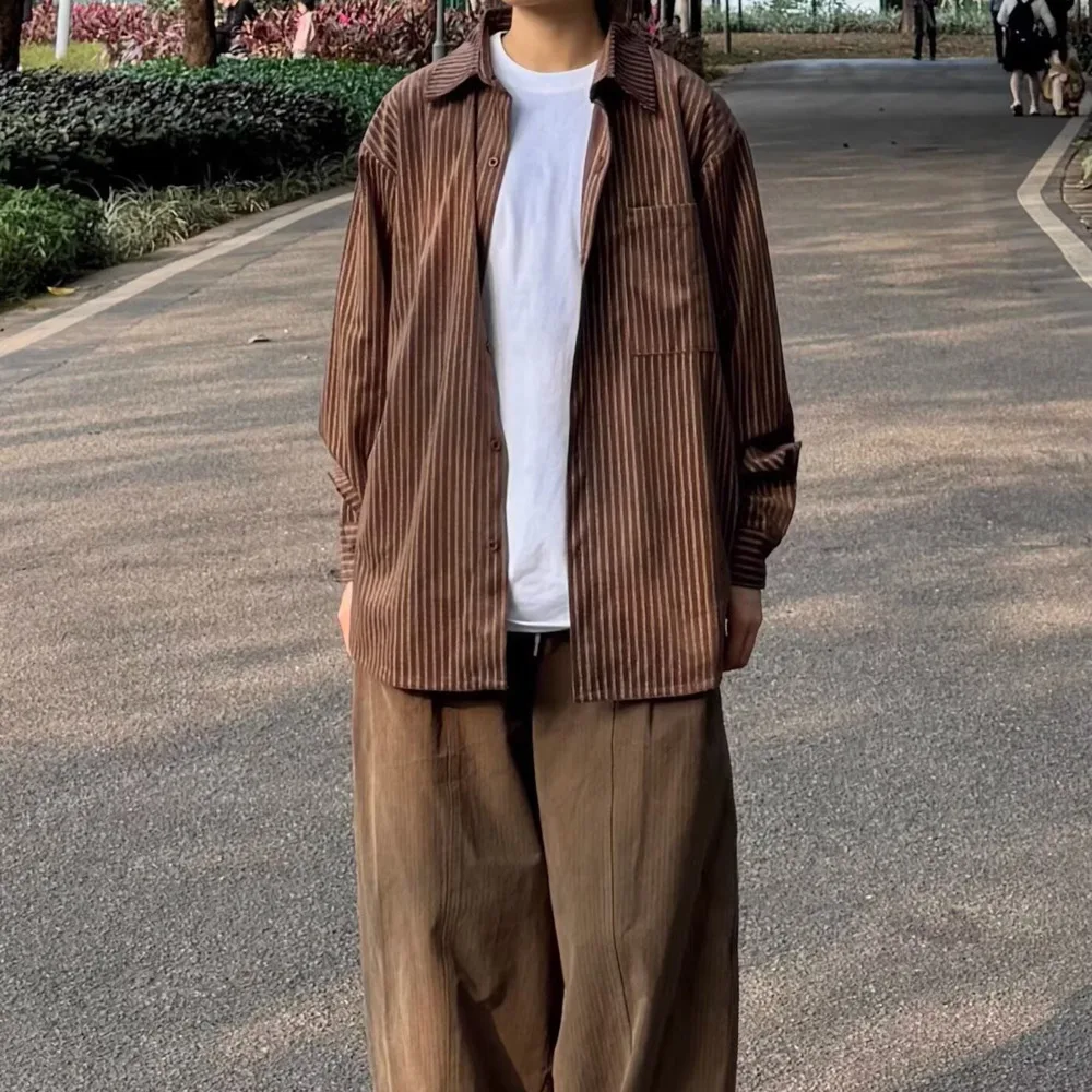 Korean Thick Corduroy Shirt Men Heavyweight Cotton Long Sleeve Retro Workwear Streetwear Relaxed Fit Button Down Casual Coat