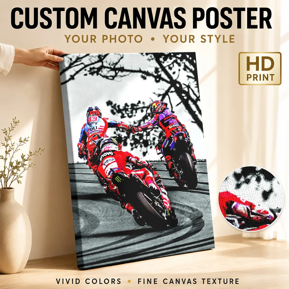 Bagnaia And Martin MotoGP Duel Framed Canvas Poster Bold Action Design Wall Art With Personalized Photo For Study Ideal Fan Gift