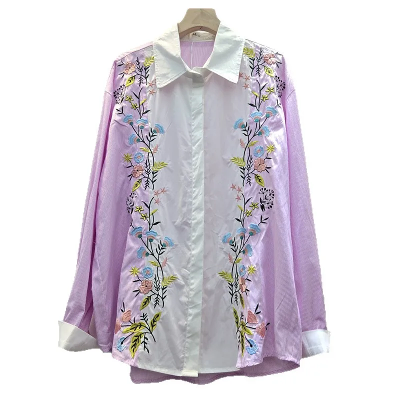 Korean Sweet Women Blouse Heavy Embroidery Small Floral Patchwork Lapel Shirt New Chinese Style Elegant Ladies Casual Tops