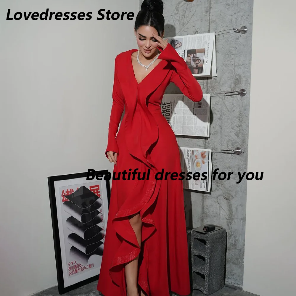 

Red Jersey Evening Dresses Woman Elegant Party V Neck Long Sleeves Ruffles Mermaid Prom Gowns Slit Long Dresses Customized