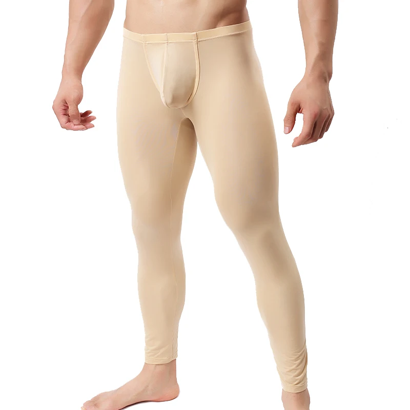 Men\'s Sexy Long Johns Ice Silk Ultra-thin U Pouch Leggings Underwear Men Home Sheer Lounge Pants Sleepwear Bottoms