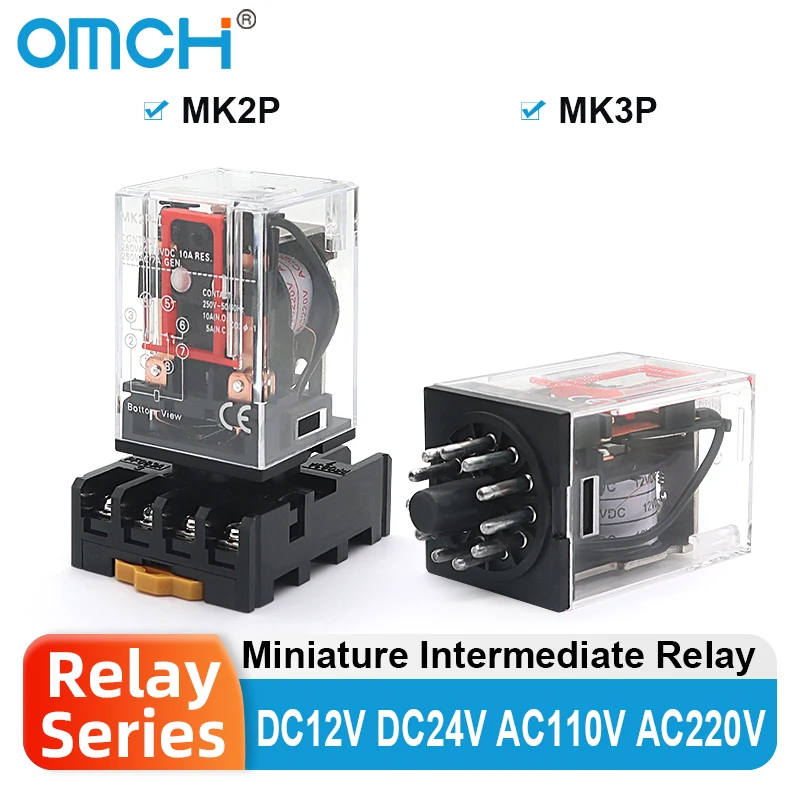 Omch pequeno relé intermediário mk2p mk3p base opcional 8pin 11pin pf083a pf113a dc12v 24v ac110v 220v pequeno relé eletromagnético