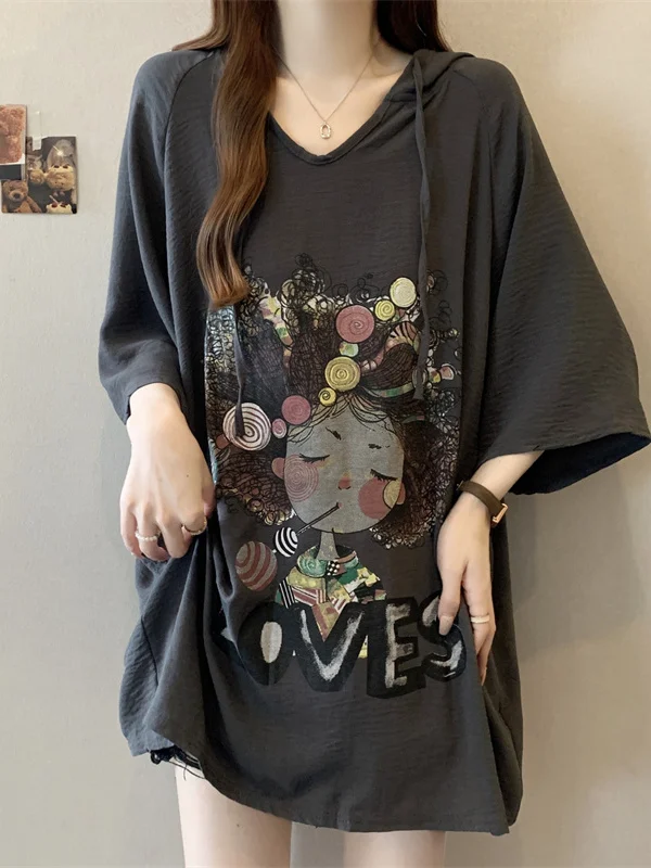 Cartoon Patterned Hooded Half Sleeve T-Shirt Women's Summer plus Size Cover Butt Mid-Length Base Shirt Korean Style Loose Fit