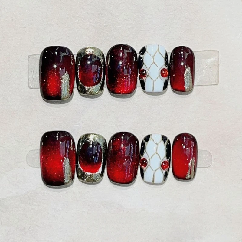 10Pcs Red Black Halo Cat Eye Short Square Fake Nails Hand Painted Scarlet Rose Glitter False Nails Full Cover Press on Nail Tips