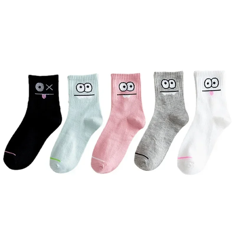 5 paires de chaussettes mi-longues mignonnes et amusantes avec expressions pour grands yeux et chaussettes de couchage