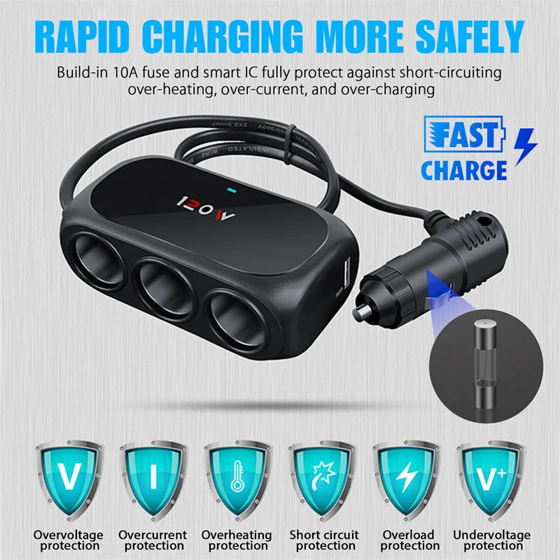 Per LPhone GPS Dashcam 120W 12V 24V 3 prese Splitter per sigarette per auto Dual USB LED Caricatore rapido per auto Adattatore per caricabatteria per auto