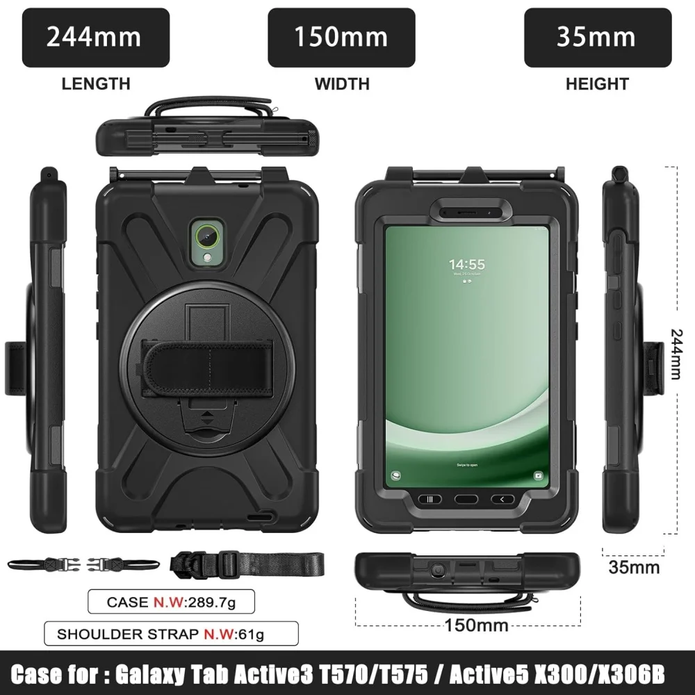 For Samsung Tab Active 3 SM-T570 T575 Active 5 8 inch X300 X306B Active 2 Tablet Rotation Stand Shoulder Strap Shockproof Cover