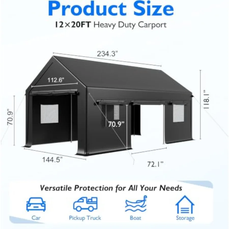 20x12 Feet Heavy Duty Carport, Enclosed Car Ports Tent Canopy