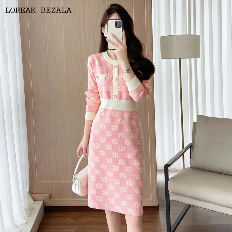 

Розовое жаккардовое женское трикотажное платье с эластичным французским ароматом, весенне-осеннее платье для светского отдыха, цельное мини-платье