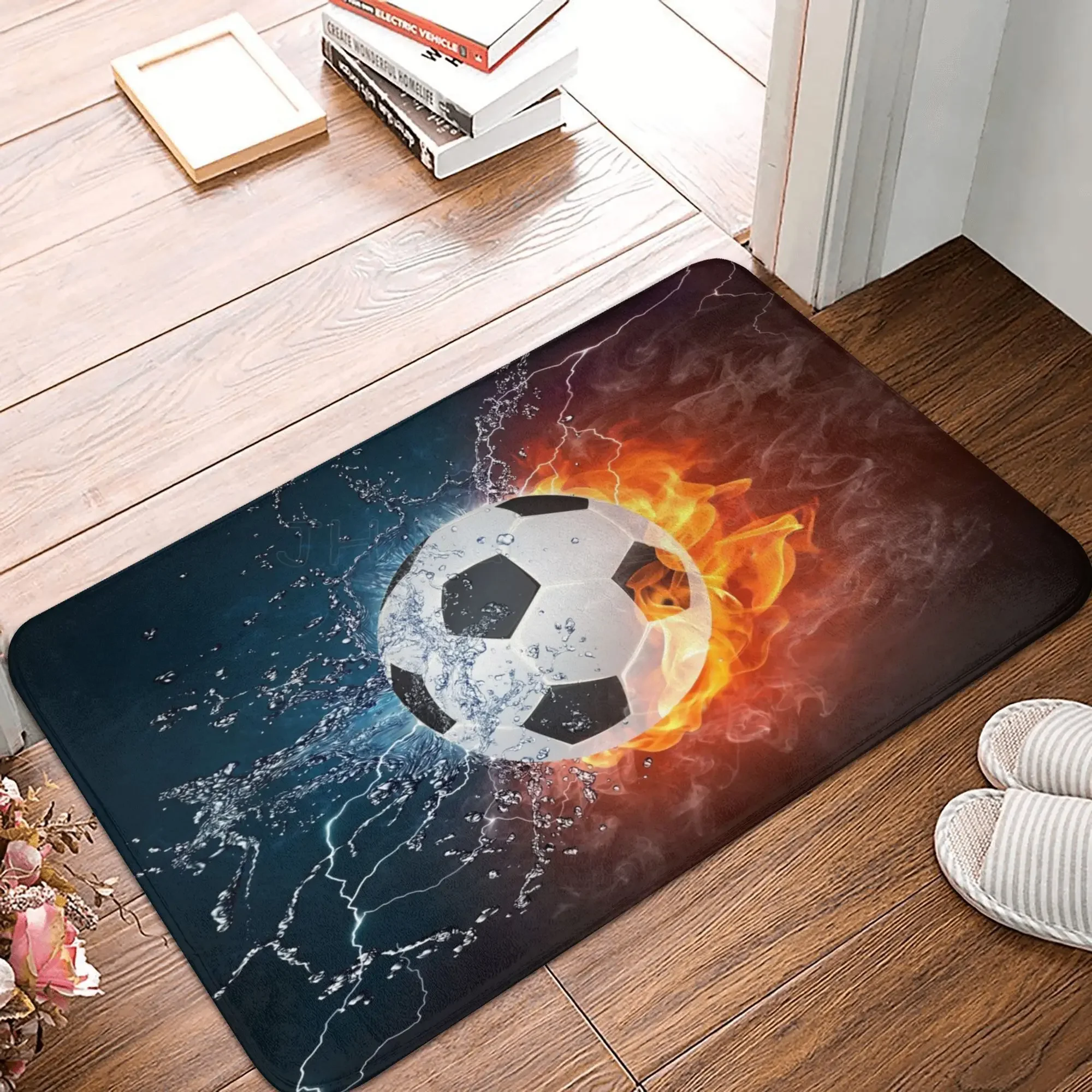 Alfombras antideslizantes con estampado de balón de fútbol de agua y fuego, alfombra verde 3D para suelo de fútbol, alfombras para sala de estar y dormitorio, felpudos para decoración del hogar