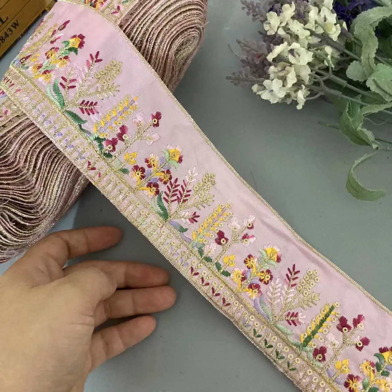 

1 Meters 6.5CM Pink Flower Lace Trims Ribbon Flower Jacquard Embroidery Knitting Dress Clothing Garment Sewing Accessories