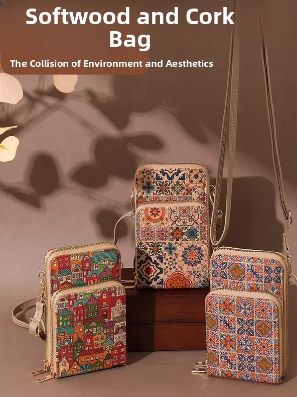 

Portable Floral Print Cork Women's Crossbody Phone Bag Ethnic Style Small Handbag Bucket Shape Synthetic Material