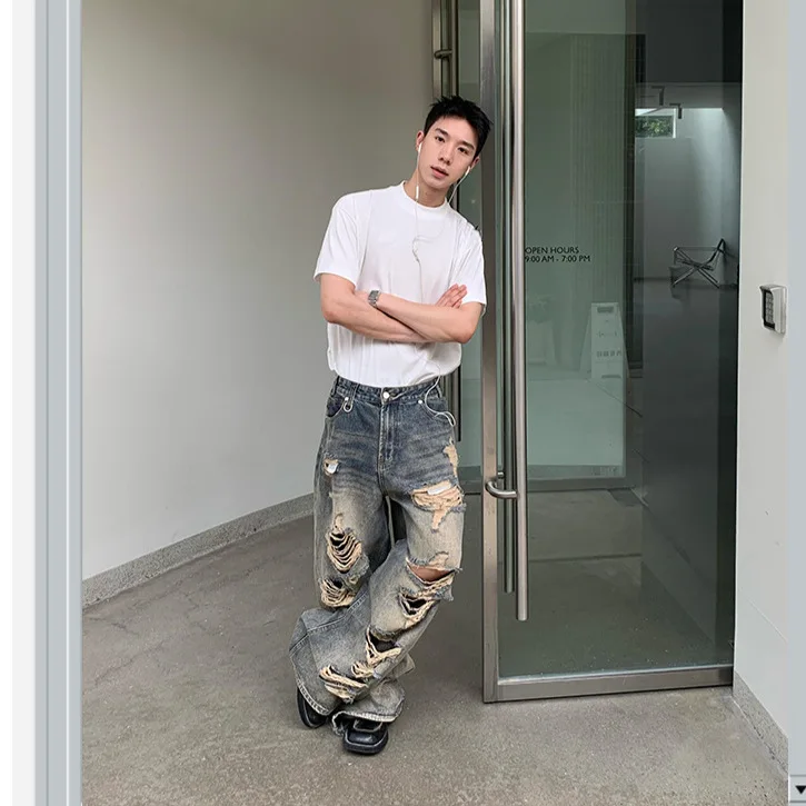 

American Retro Ripped Washed Jeans Men's And Women's Loose Straight Wide-leg Trousers