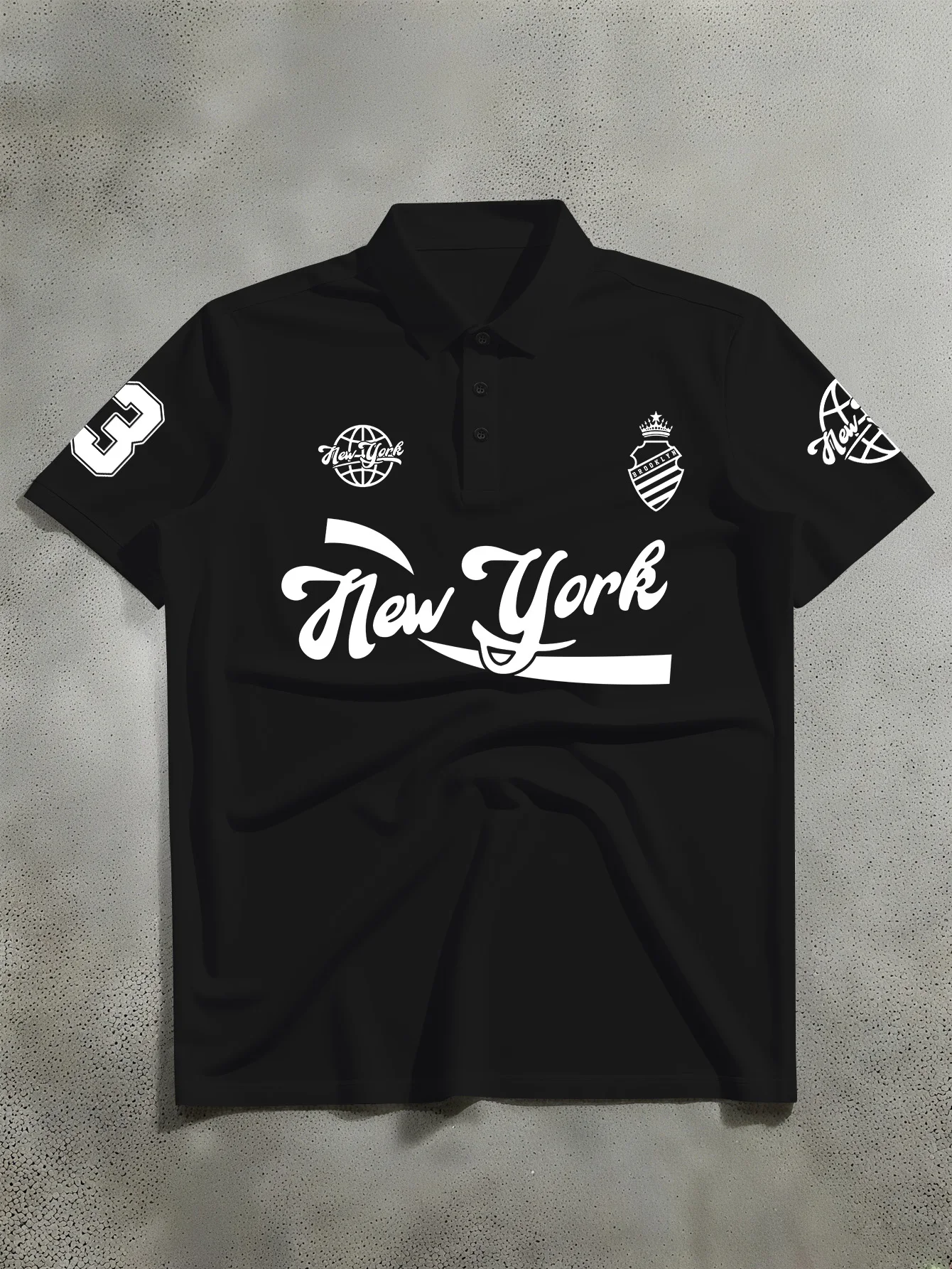 Men New York Crown Shield Globe Number 3 Sleeve Print Short Sleeve Polo Shirt S-XXL