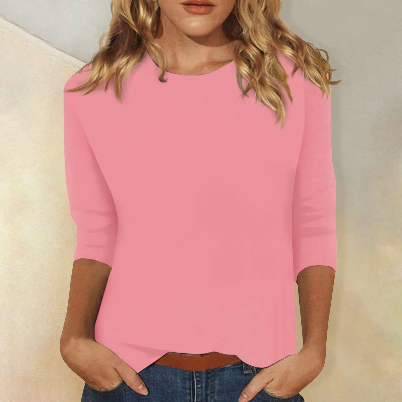 Round Neck Three Quarter Sleeve Top Regular Fit Casual with Wrinkle Finish Regular Length Daily T Shirt Pull on Autumn for Women