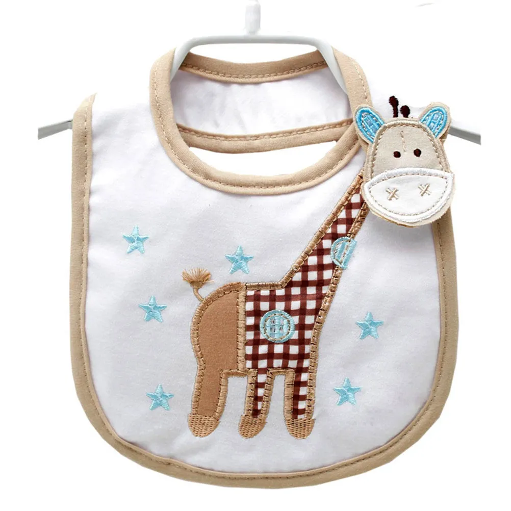 Waterproof Cotton Baby Bibs – Soft Absorbent Embroidered Bandana Drool Bibs for Infants, Beige Cartoon Design