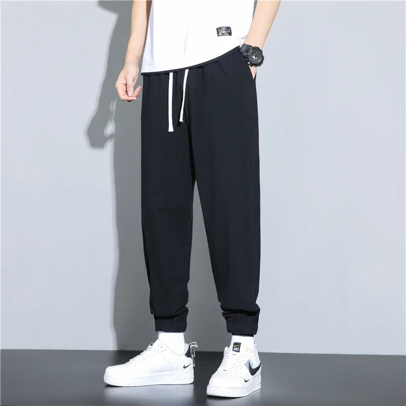 メンズコットンリネンパンツ男性秋の新通気性無地リネンズボン弾性ウエストストリートストレートパンツ男性