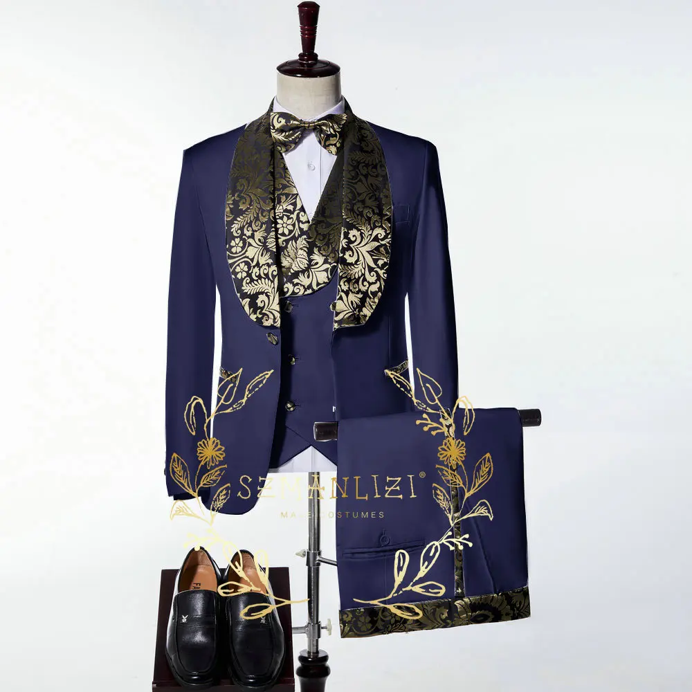 Slim Fit Royal Blue Men Suits 3 Piece Gold Floral Lapel Groom Tuxedos for Wedding Groomsmen Italian Style Suit Jacket Vest Pants