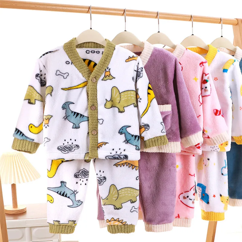 

2pcs/Set Children's Thermal Suit Padded Thickened Warm Cardigan Pajamas Suit Wool Soft Fit Comfortable Girls Boys Pajamas + Pant