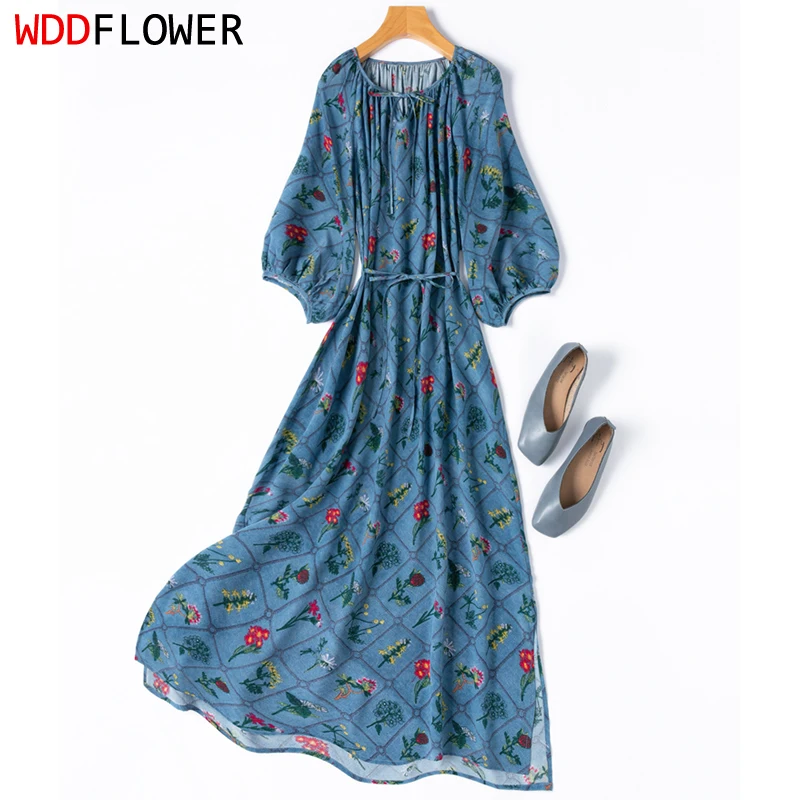 

Women Silk Midi Dress 100% Mulberry Silk Blue Floral Printed Belted Waist O Neck 3/4 Sleeve Long Dress Summer 2025 M1410